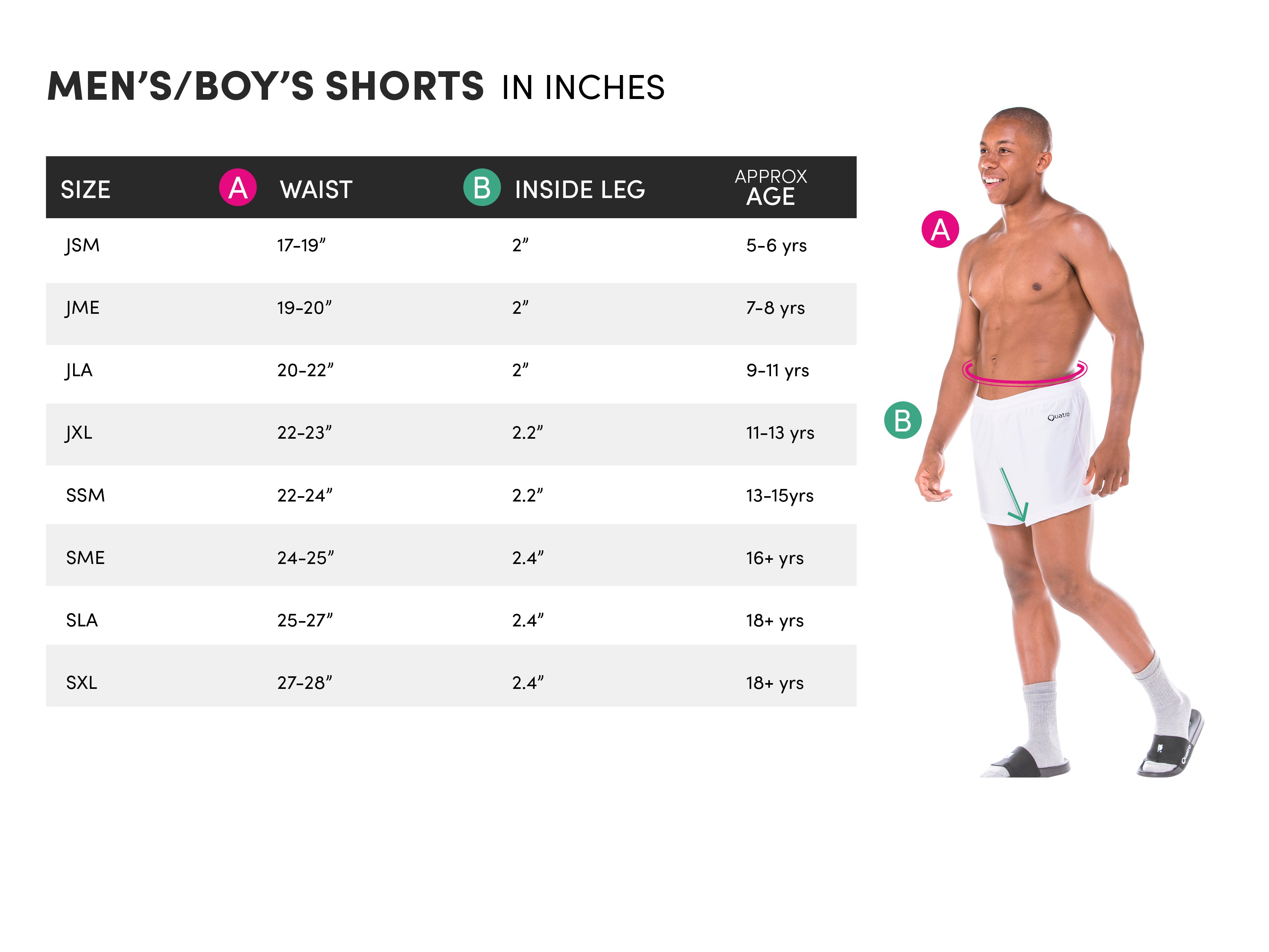 Mens shorts size guide — Quatro Apparel Inc